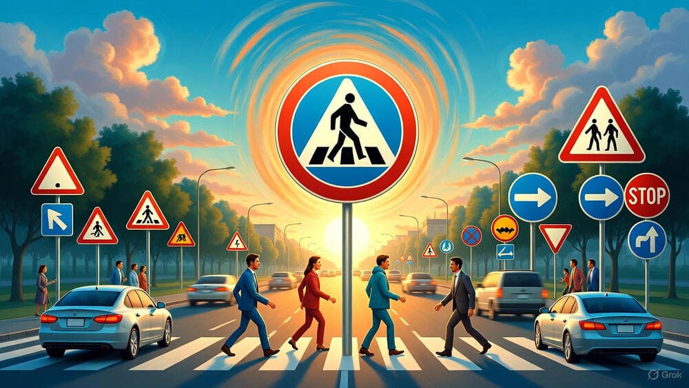 Des gens qui traversent un passage piéton avec un panneau de signalisation.