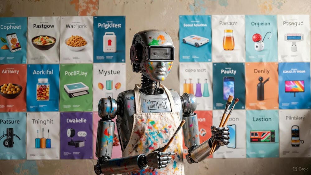 Un robot peintre créer des affiches publicitaire.