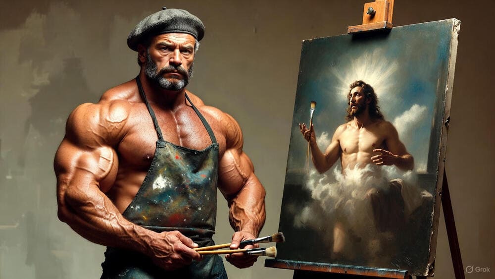 Un peintre bodybuildé peint un tableau.